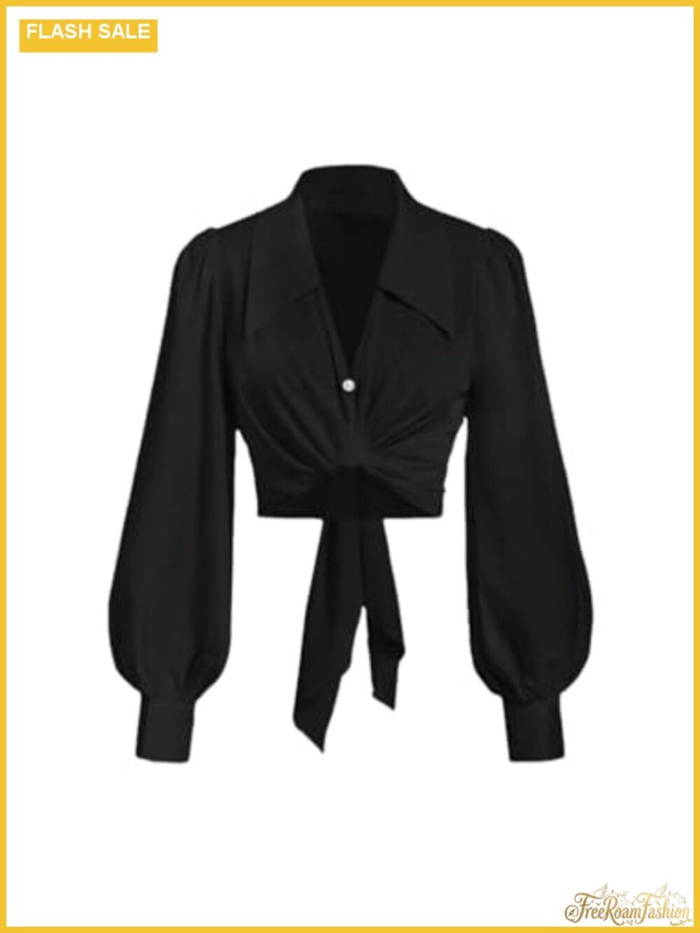 Women's Crop Top Blouse Polyester Button Down Long Sleeve Self Tie Wrap